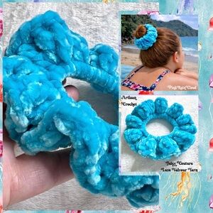 Handmade Crochet VELVET Ice Blue Large Hair Scrunchie Ice Princess PinkRainCloud
